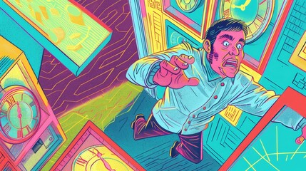 A doctor racing against time in a random, clockfilled room, every second counts in saving lives
