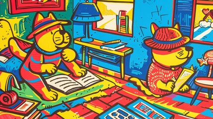 A dog and cat duo solving random, neighborhood mysteries, furry detectives - obrazy, fototapety, plakaty