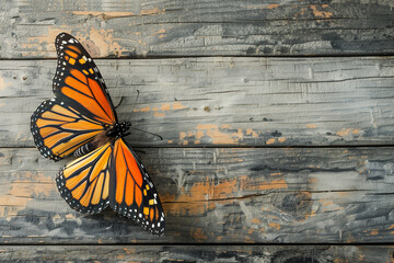 Monarch Butterfly on Weathered Wooden Surface, Nature's Resilience