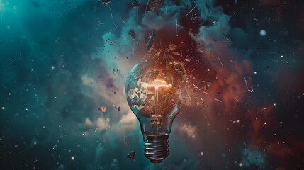 Illuminated Light Bulb in Space Creative Idea and Innovation Concept - obrazy, fototapety, plakaty