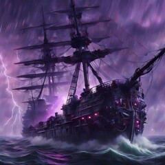 A ghost ship in a stormy sea - obrazy, fototapety, plakaty
