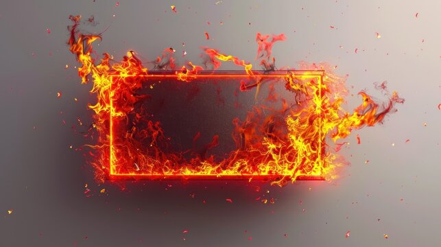 A rectangular fire frame with bright orange and red flames licking the edges