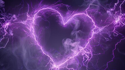 A heart-shaped frame made of continuous vibrant purple electrical discharges set against a soft grey background