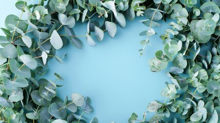 A heart-shaped frame filled with sprigs of eucalyptus their silvery-green leaves providing a soft