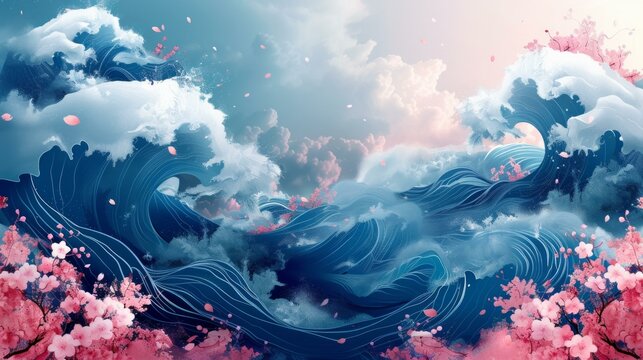 Abstract background inspired by Hokusai, featuring undulating waves and the sea, AI Generative