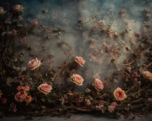 Vintage Background with Roses Flowers. Pink Roses on a Old Gray Wall