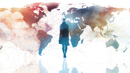 Silhouette of a person overlaid on a world map with network connections, symbolizing global communication and travel.
