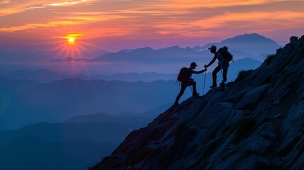 Hikers helping each other up mountain at sunrise, symbol of teamwork and active lifestyle, bond of adventure, silhouette against dawn, uplifting, AI Generative - obrazy, fototapety, plakaty