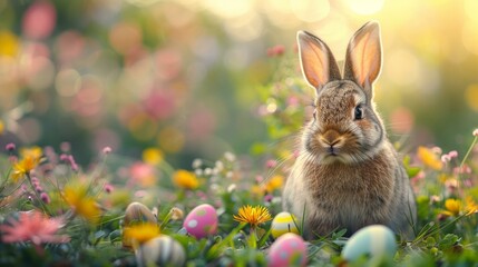 Fototapeta na wymiar Joyful Easter Bunny with a plethora of colorful eggs, festive Easter ambiance, AI Generative
