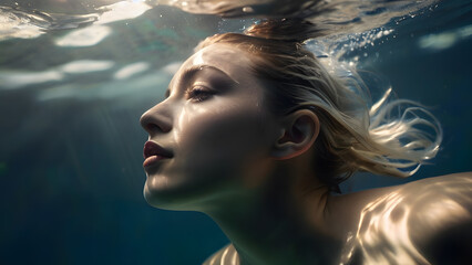 a woman swims underwater with the sun shining on her face