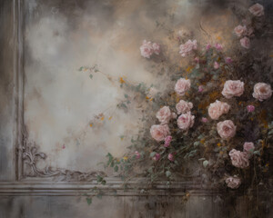 Pink Roses on a Old Gray Wall. Vintage Background in warm grey tones with Roses Flowers. Photo studio backdrop