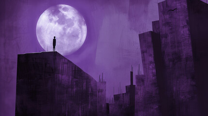 A deeply moving minimalist illustration set against a twilight purple sky, this artwork captures a solitary figure with a drooping posture standing atop an urban roof. The textured strokes of the city