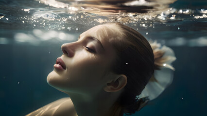 a woman swimming underwater with her eyes closed
