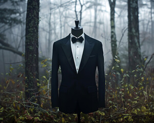 Elegant tuxedo on mannequin, mystical forest clearing, oldworld tailor nook, foggy morning , clean sharp focus