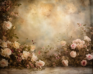 Roses on a Old Wall. Grunge background with Flowers. Vintage Background in warm tones with Roses. Photo studio backdrop