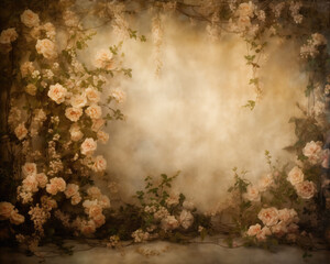 Roses on a Old Wall. Vintage Background in warm tones with Roses. Grunge background with Flowers. Photo studio backdrop