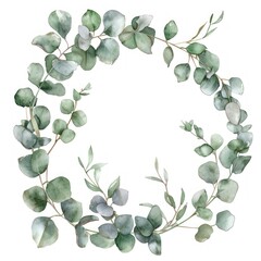 A delicate watercolor illustration of a circular frame made of eucalyptus leaves