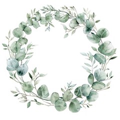 A delicate watercolor illustration of a circular frame made of eucalyptus leaves - obrazy, fototapety, plakaty