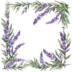 A delicate watercolor illustration of a rectangular frame made of soft lavender flowers and green leaves