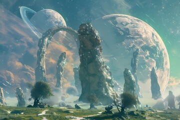 Moonlit Landscape with Alien Among Clouds - obrazy, fototapety, plakaty