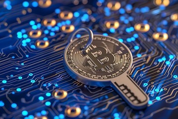 Blue electronic circuit board with key bitcoin