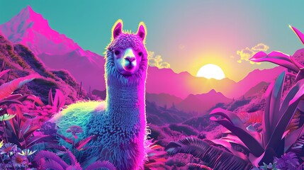 A fluffy llama enjoys a meal in a grassy field - obrazy, fototapety, plakaty