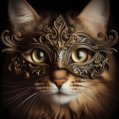 Portrait of a cat in a richly decorated masquerade mask.
