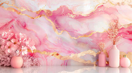 Blush Elegance: Soft Pink Marbled Background with Golden Veins and Delicate Florals for Luxurious Beauty Product Displays and Feminine Decor, podium product display