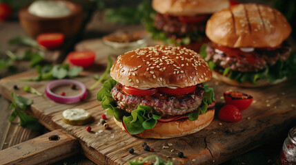 Delicious Gourmet Burger with Aioli Sauce on Rustic Wooden Board. Food Photography