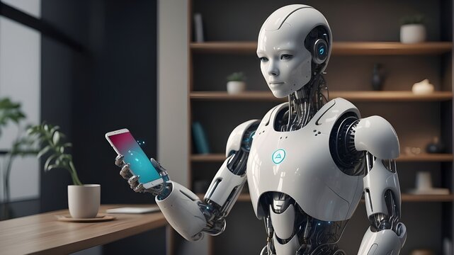 An example of an artificial intelligence that resembles a humanoid carrying out chores on a gadget. Utilizing AI in the Workplace.