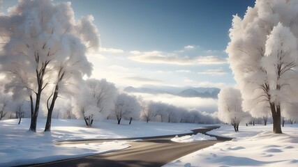  Long shot emphasizing the winding nature of the road and the isolated treesRender Related...