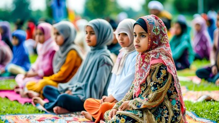 An Eid prayer gathering in an open field, bringing together a diverse community in celebration, marked by colorful attire and joyful expressions.