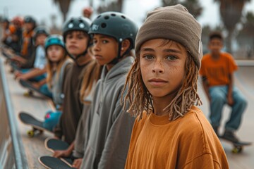 A group of young skateboarders with helmets line up, determination on their faces.