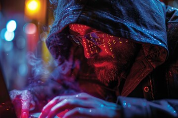 A man with glasses reflecting binary code sits in front of a computer screen.