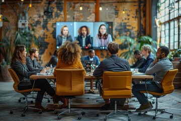People seated around a conference table engage in a hybrid meeting with remote participants on a screen.