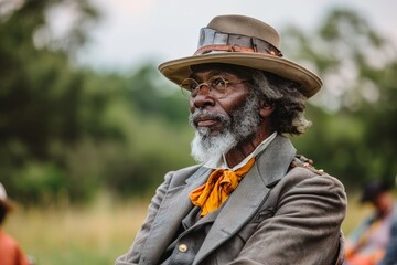 Fototapeta premium An elderly man wearing a hat sits with a pensive expression in a park.