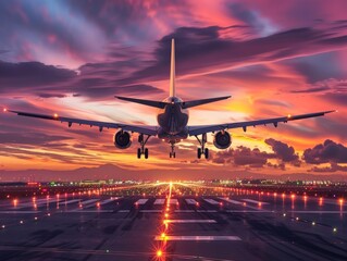 passenger plane fly up over take-off runway from airport at sunset  - obrazy, fototapety, plakaty