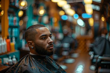 A man receives a fresh haircut at a vibrant barbershop with a blurred background.