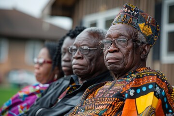 Fototapeta premium Elderly men in traditional African clothing sit solemnly at a cultural event.