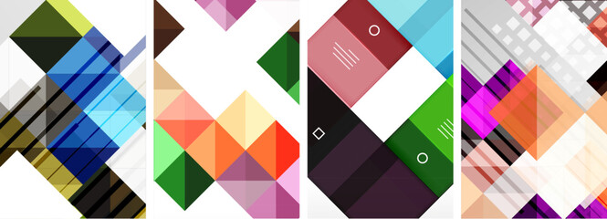 A creative arts piece featuring a collage of four different colored shapes purple triangle, violet rectangle, magenta square, and textile square in symmetrical arrangement on a white background