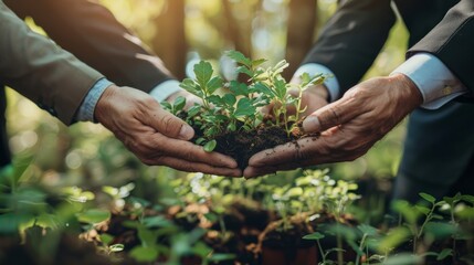 Plants, sustainability and the earth in the hands of business people for teamwork, support or environment Collaborating, growing, and investing in people and the soil for the future. hyper realistic  - obrazy, fototapety, plakaty