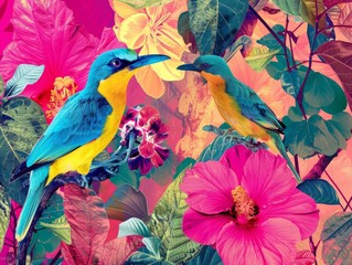 Pop art collage. Flowers, birds in the jungle. Wildlife banner 