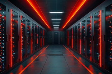 A modern server room with red ambient lighting illuminating rows of high-tech data equipment.