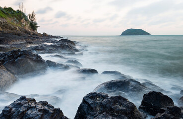 Sunset on the rocky shore.