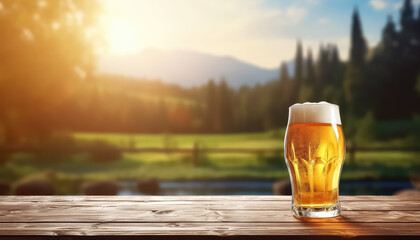 A glass of beer on the table on the background of a bar - obrazy, fototapety, plakaty