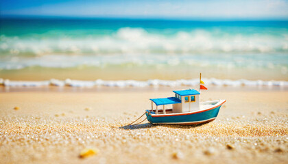 miniature scene of boat and sand beach island, generative AI