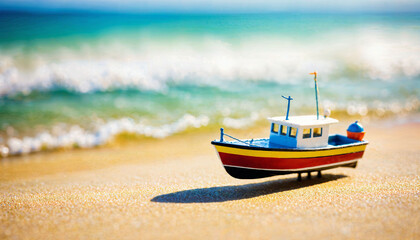 Fototapeta premium miniature scene of boat and sand beach island, generative AI