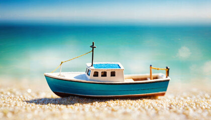 miniature scene of boat and sand beach island, generative AI