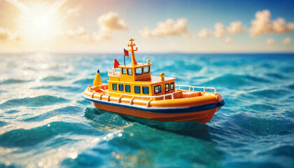 Fototapeta premium miniature scene of boat and sand beach island, generative AI