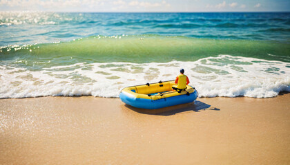 Obraz premium miniature scene of raft rescue float boat and sand beach island, generative AI